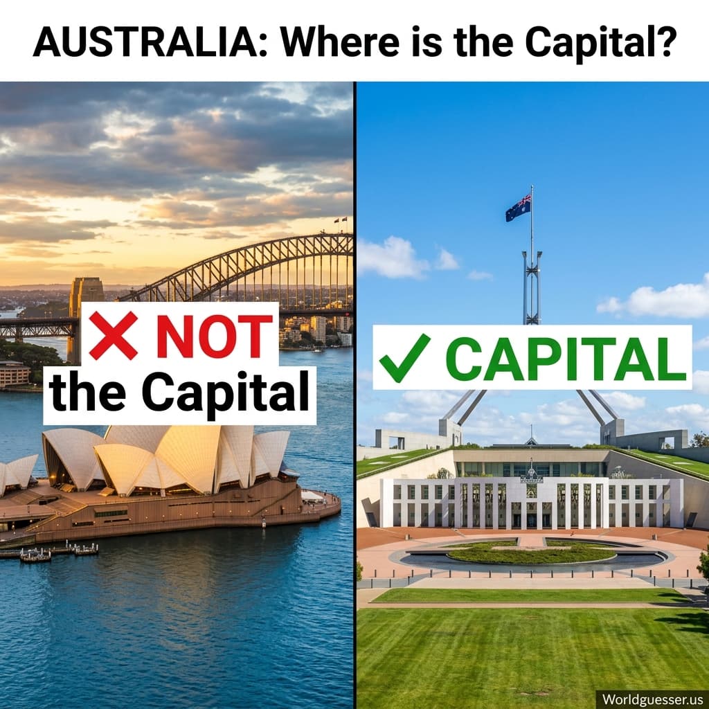 Sydney Opera House marked as not the capital versus Australian Parliament House in Canberra marked as the actual capital of Australia