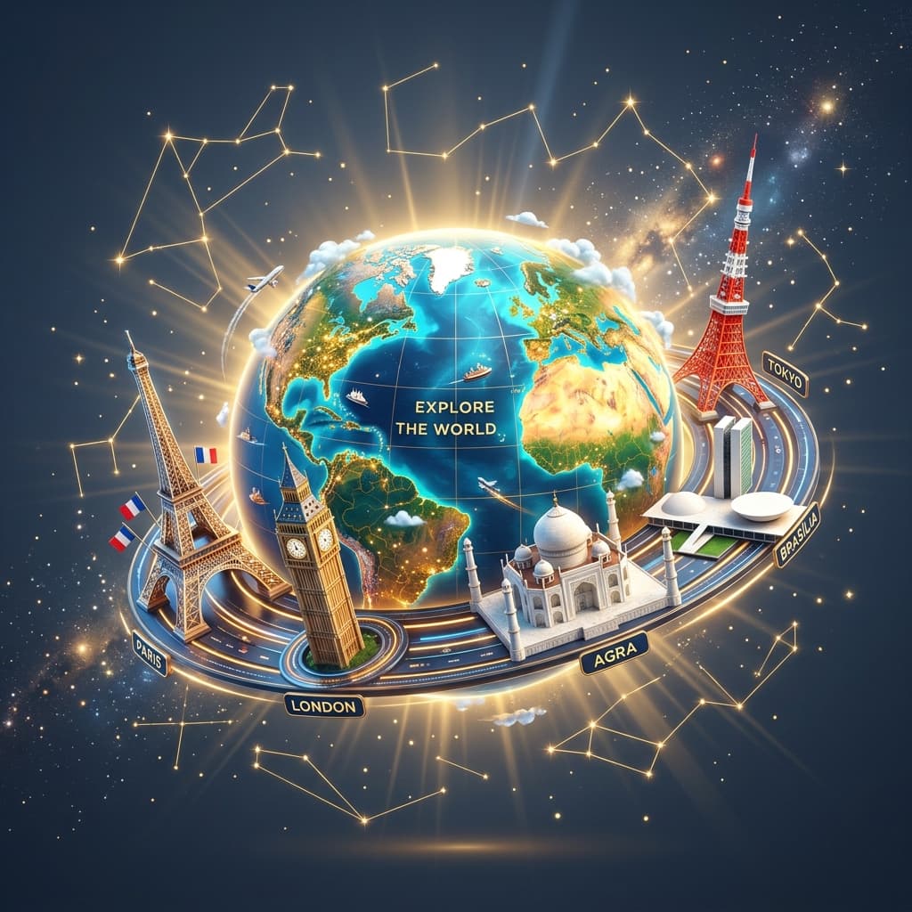 Stylized 3D render of a world globe surrounded by iconic capital landmarks including Eiffel Tower, Big Ben, Taj Mahal, and Brasilia Capitol