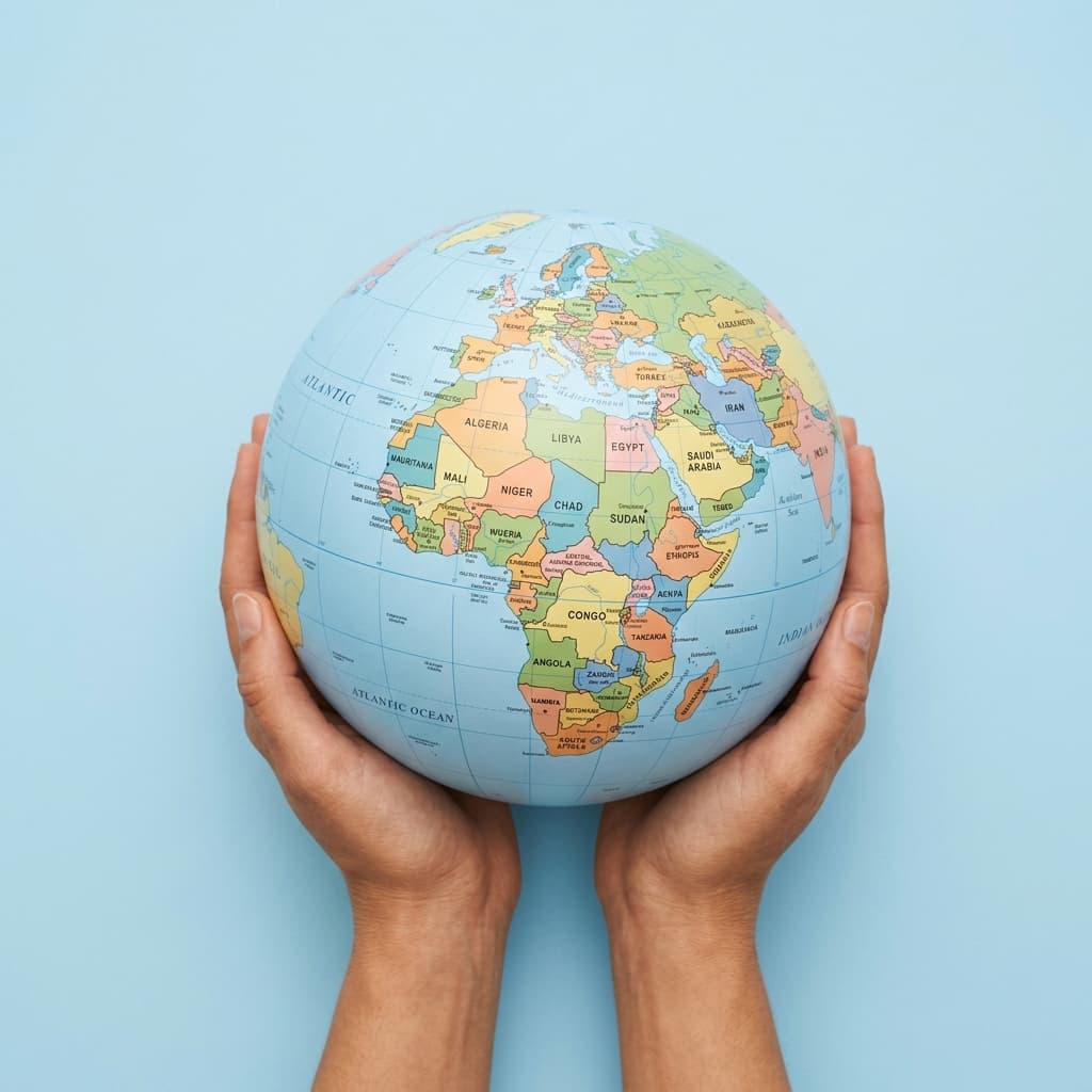 Hands holding a colorful political globe tilted toward Africa and Europe, showing country borders across continents — Africa leads with 54 countries, the most of any continent