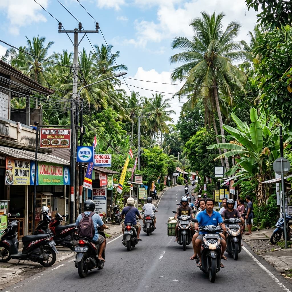 A lush green Southeast Asian road with tropical palm trees