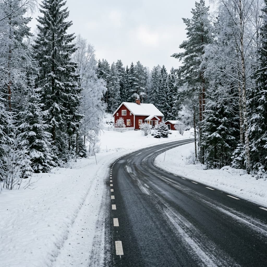 A beautiful snowy Nordic forest road with a red wooden house