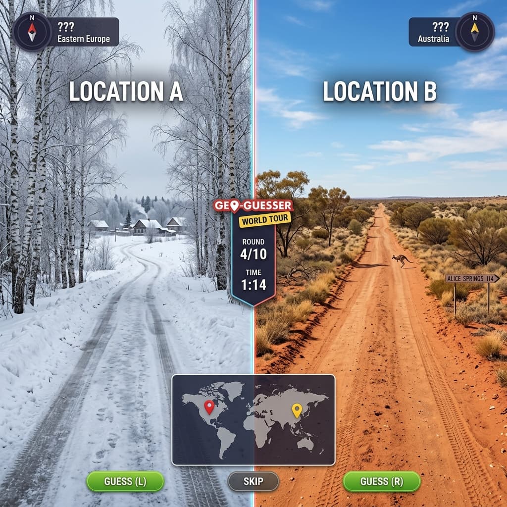 Split screen comparison of snowy Eastern European road and dry Australian outback