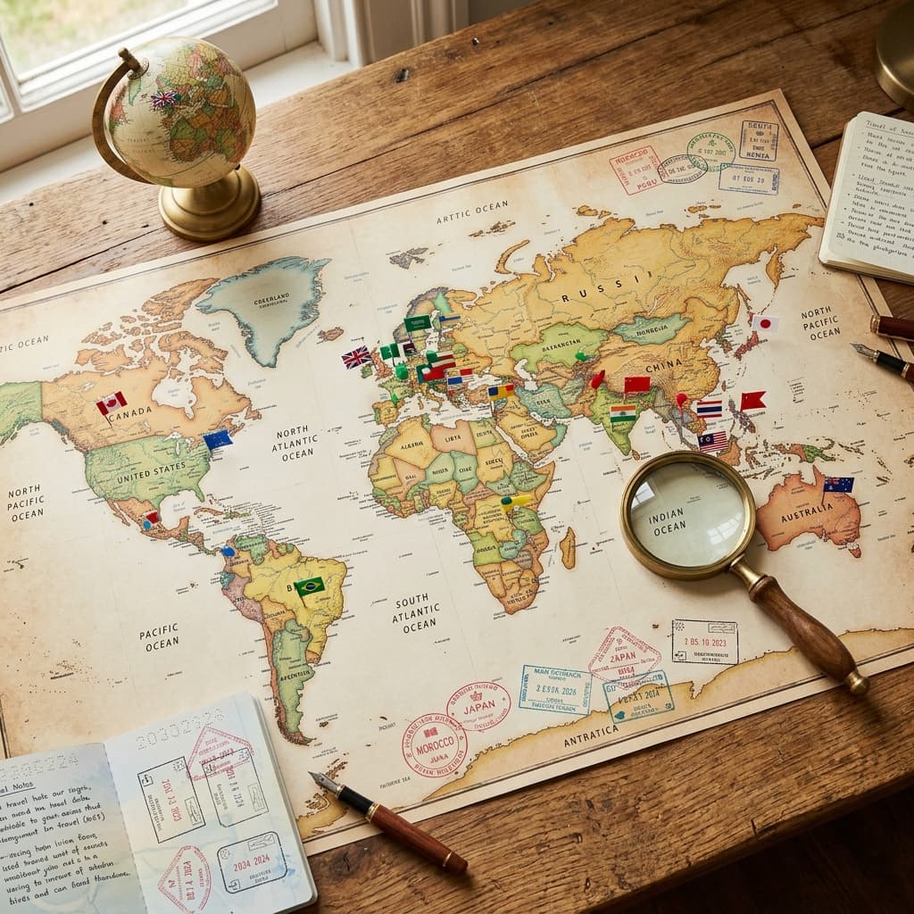 World map on a wooden desk with miniature country flags pinned across continents, a magnifying glass, a globe, and passport stamps — representing the 195 countries in the world in 2026