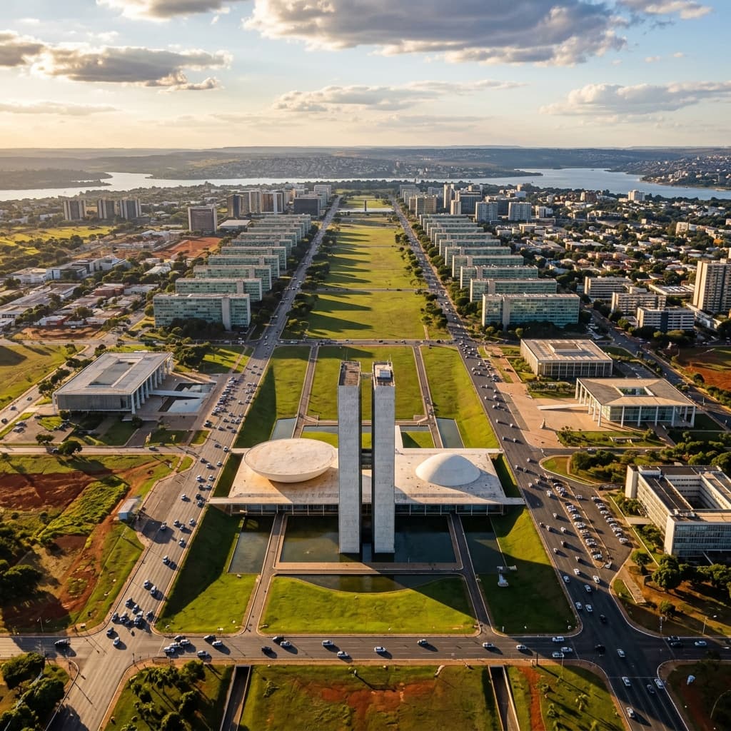 Aerial view of Brasília showing the National Congress building and Esplanade of Ministries — a purpose-built capital city designed from scratch in 1960