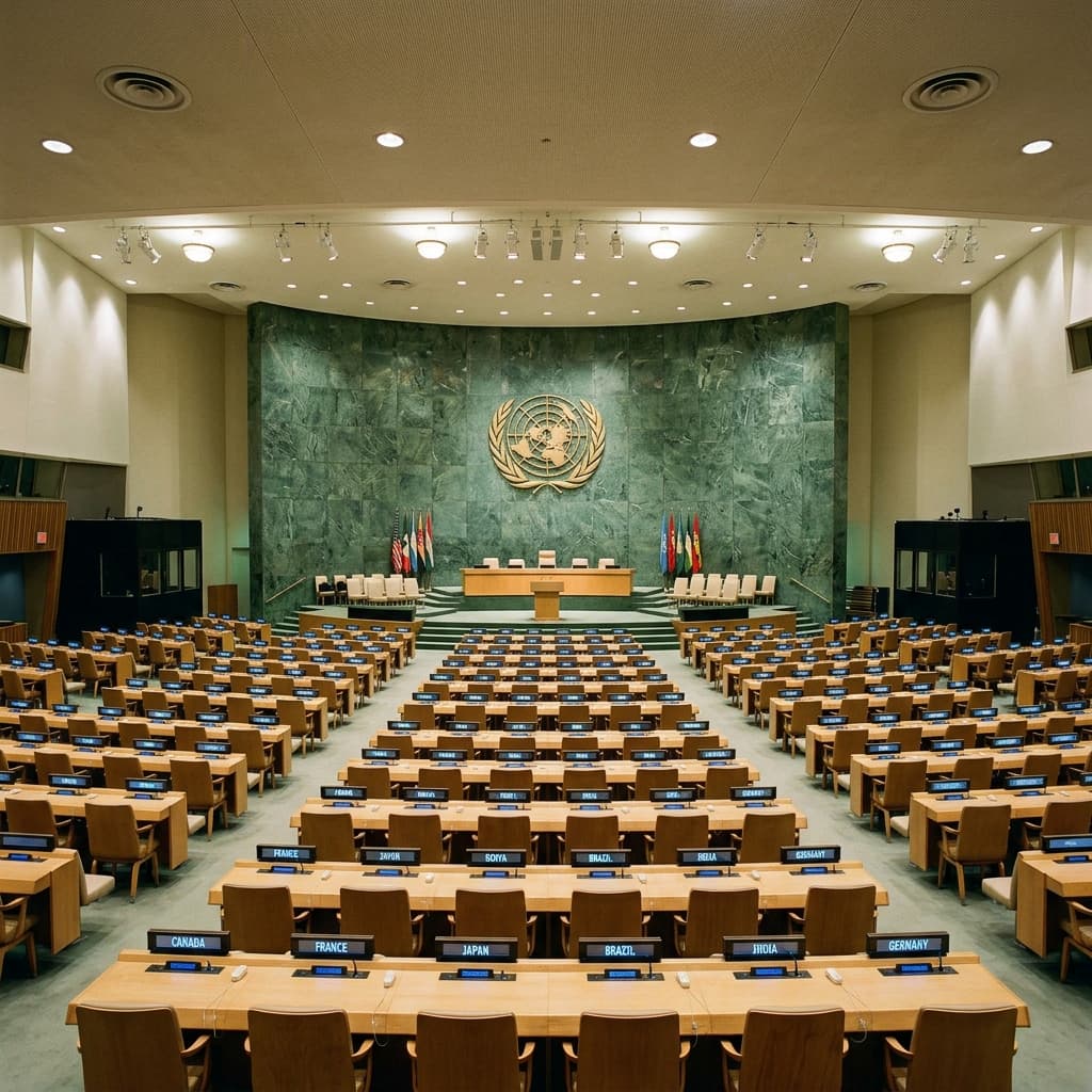 Empty United Nations General Assembly hall with country delegate seats and nameplates, showing where 193 UN member states gather to represent their nations
