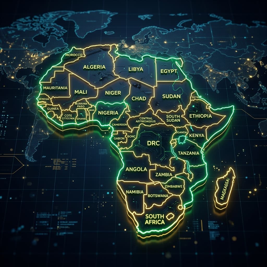 Premium stylized map of Africa showing country borders and glowing lines, illustrating how many countries are in Africa