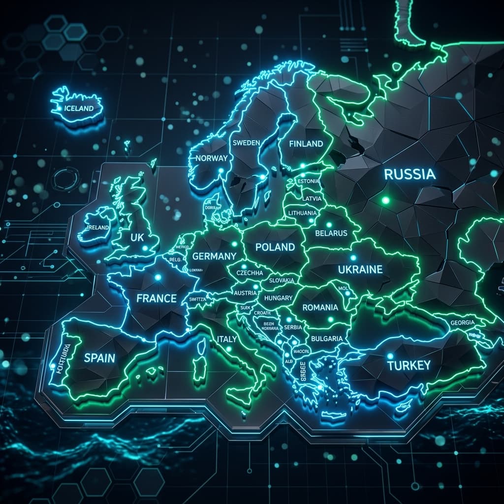 Premium stylized map of Europe showing country borders and glowing lines, illustrating how many countries are in Europe