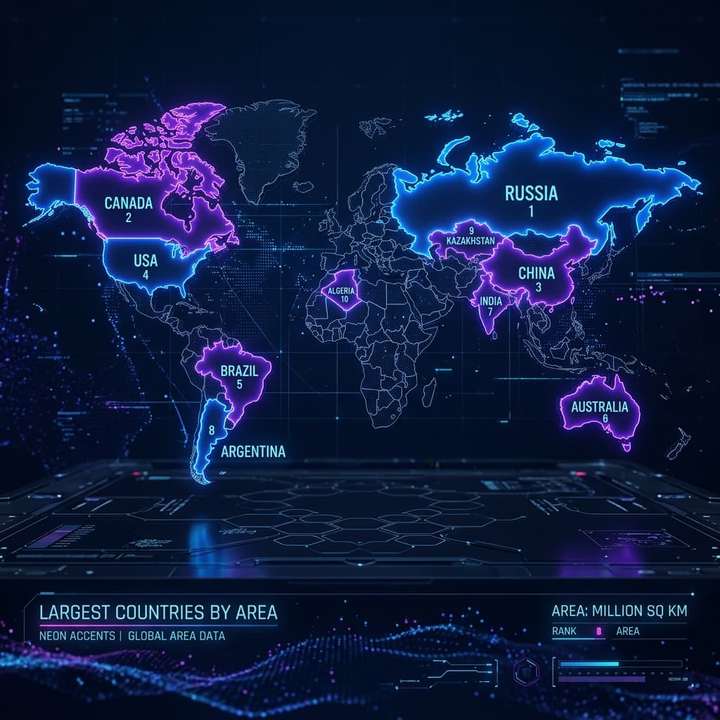 Premium stylized world map highlighting the largest countries by area, illustrating the largest countries in the world