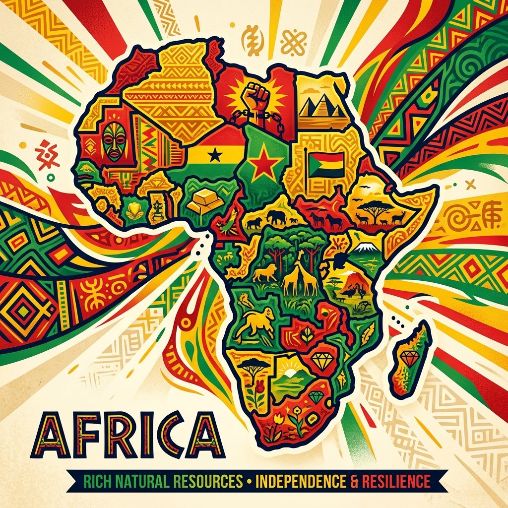 A modern vector map of Africa filled with vibrant red, yellow, and green colors