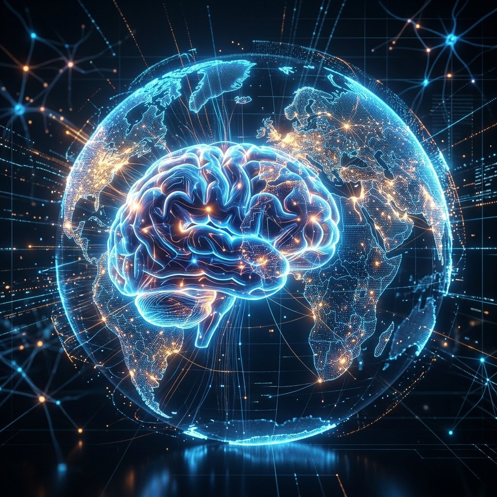 A high-end 3D render of a glowing human brain seamlessly blending into a digital world map