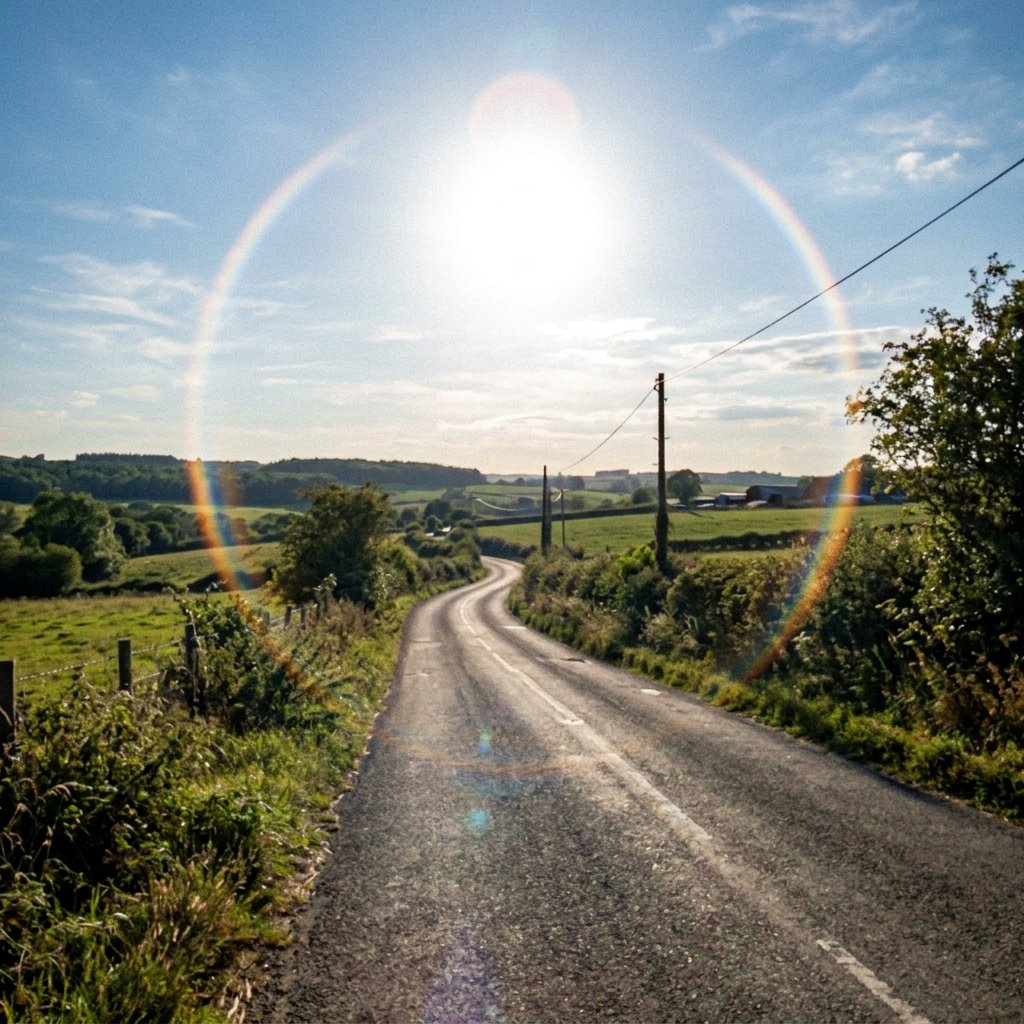 Generation 2 Google Street View with a halo lens flare around the sun