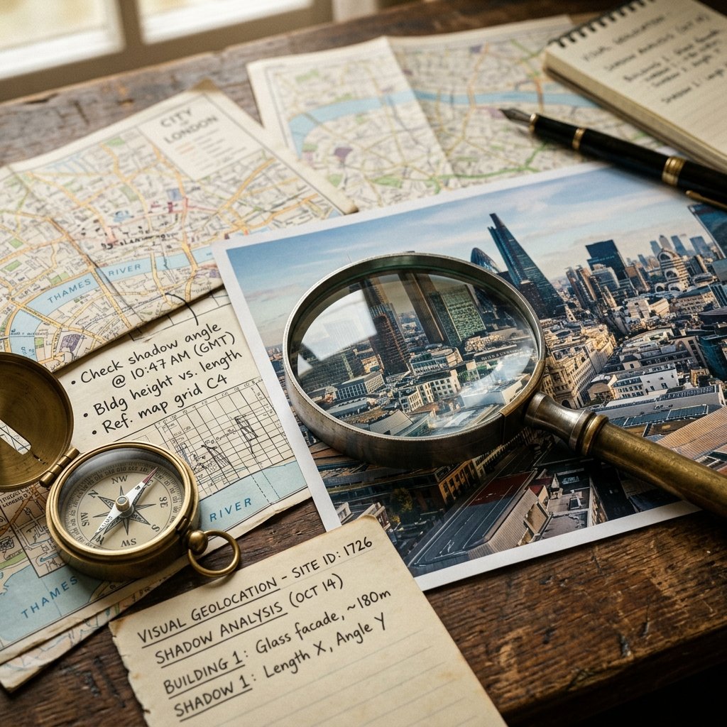 A magnifying glass resting on a high-resolution printed photograph alongside maps and handwritten notes