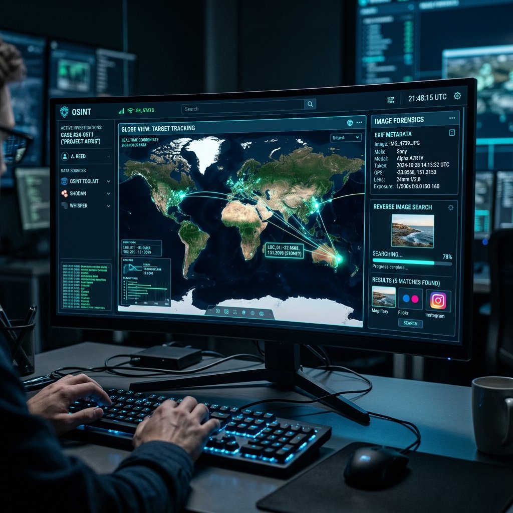 High-tech OSINT computer interface showing digital maps and metadata panels