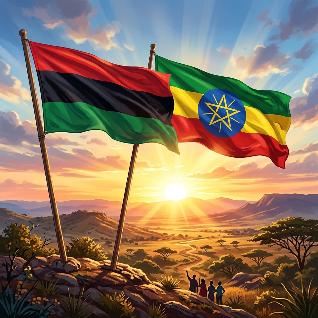 Pan-African flags waving proudly against a bright African sunrise