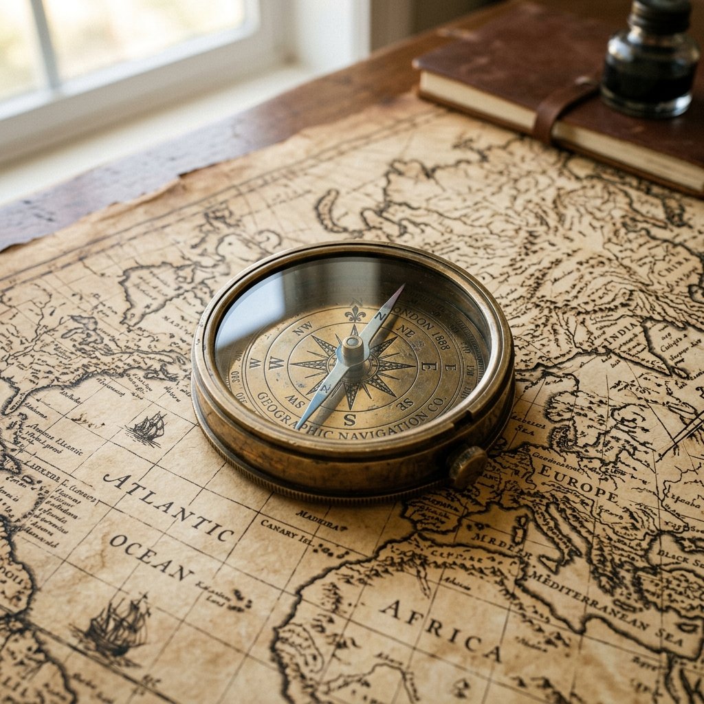 Macro shot of an antique brass compass resting on a detailed vintage world map