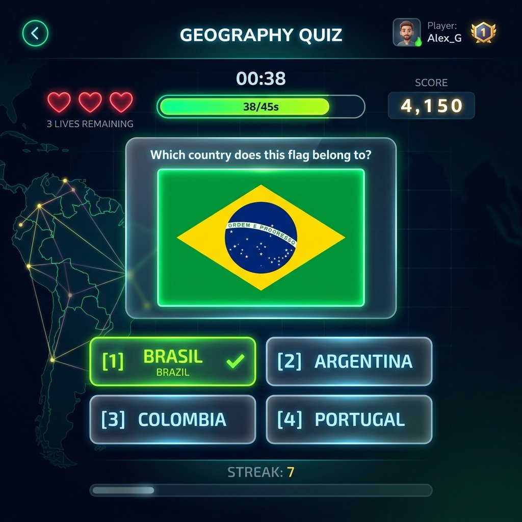 Active gameplay screen showing a high-resolution flag of Brazil in the center, with four multiple choice buttons below it, a timer bar at the top, and the player's current streak.